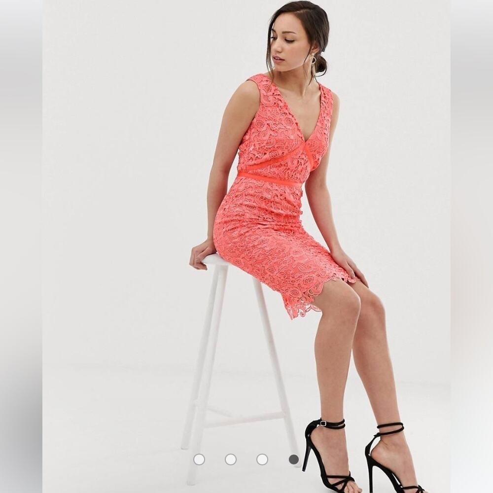 ASOS Paper Dolls Coral Lace V Neck Bodycon‎ Pencil Cocktail Dress Sz 8 NWT